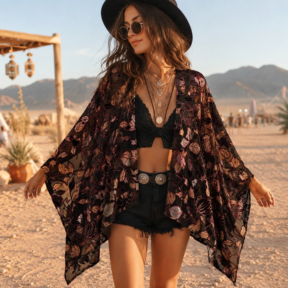 World Market Sheer Burnout Velvet Floral Kimono One Size Festival Whimsigoth